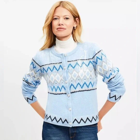 NWT Loft Blue Patterned and Sequined Women's Cardigan Sweater - Picture 2 of 10